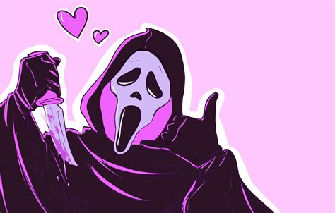 Pink ghost face with hearts holding knife