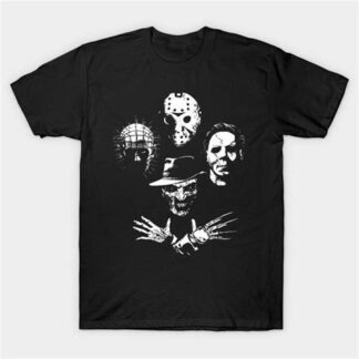 Black t shirt with black and white faces of horror icons