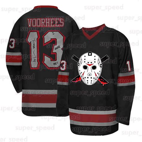 Black and red men long sleeve jersey with white hockey mask with grey and red 13 on back 